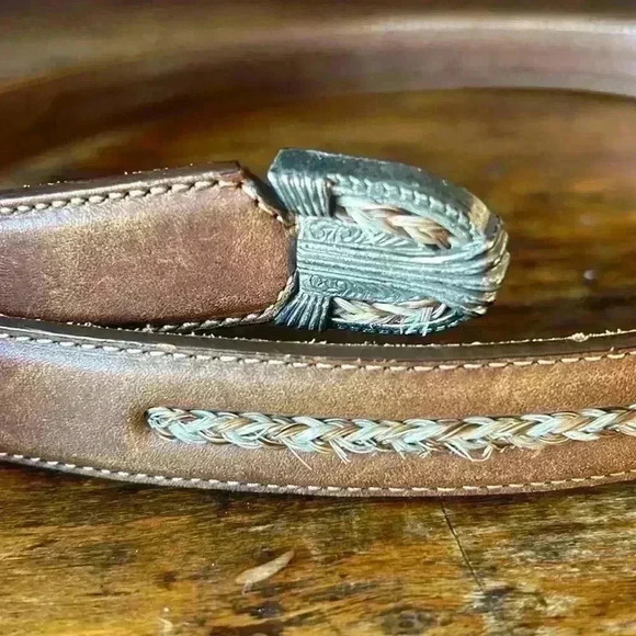 Women's Tony Lama Belt Leather Brown‎ 9009L 32” Nice Braided Inlay no buckle - Picture 1 of 6